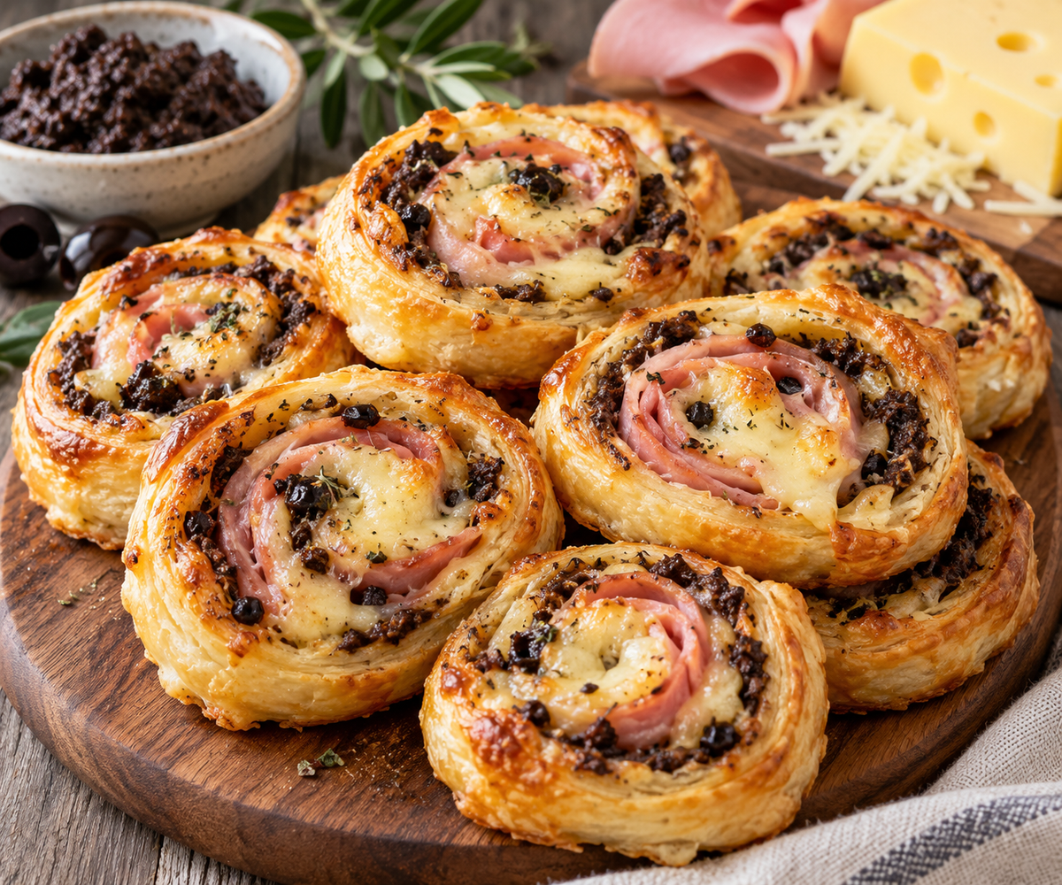 Roulés feuilletés à la tapenade, jambon et emmental