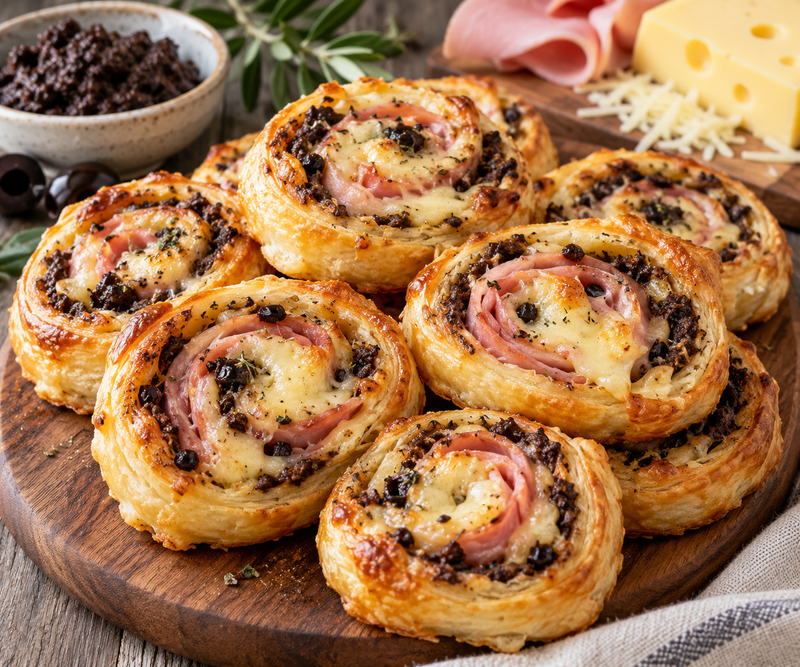 Roulés feuilletés à la tapenade, jambon et emmental